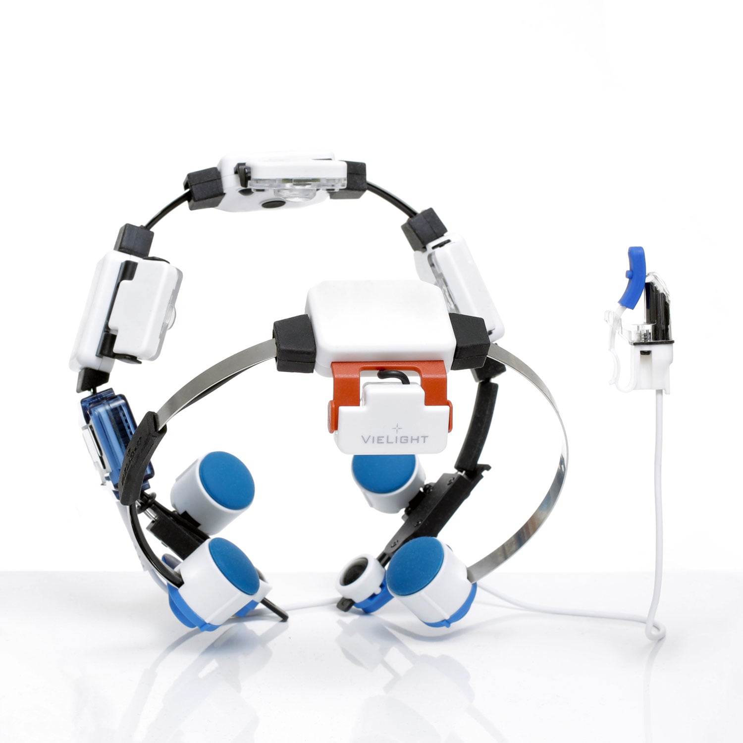 The Vielight Neuro 3 headset, showing the transcranial LED modules across the scalp and the separate intranasal applicator.